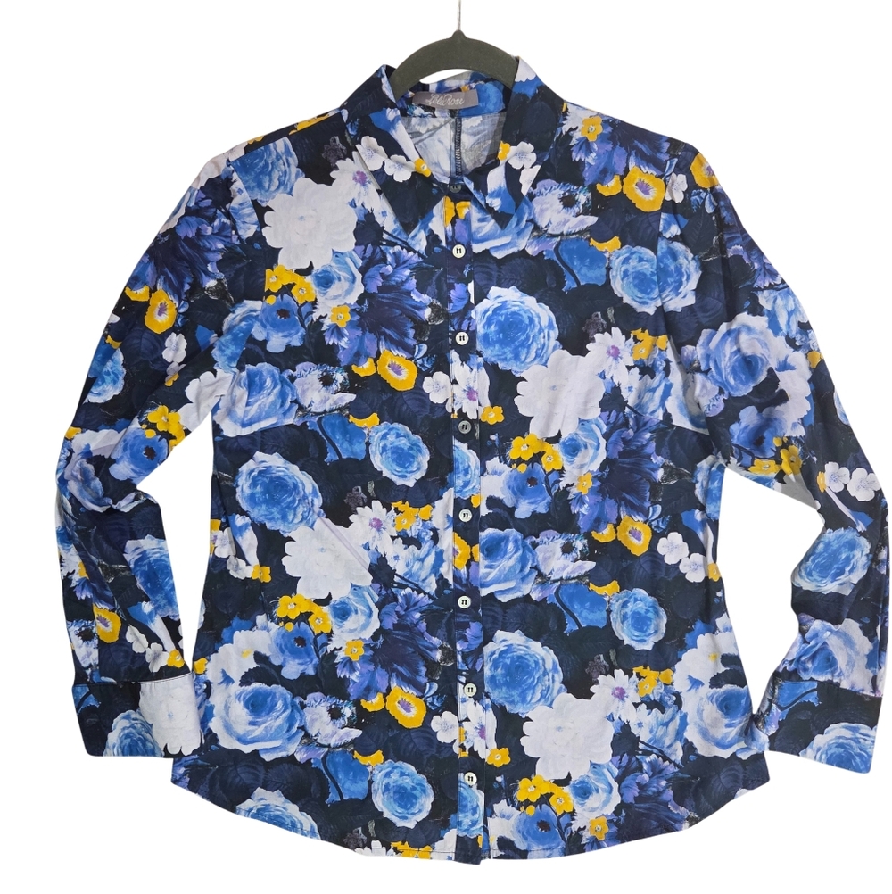 LELA ROSE Brilliant Blues Yellow Floral Cotton Button Up Collared Shirt GUC 6